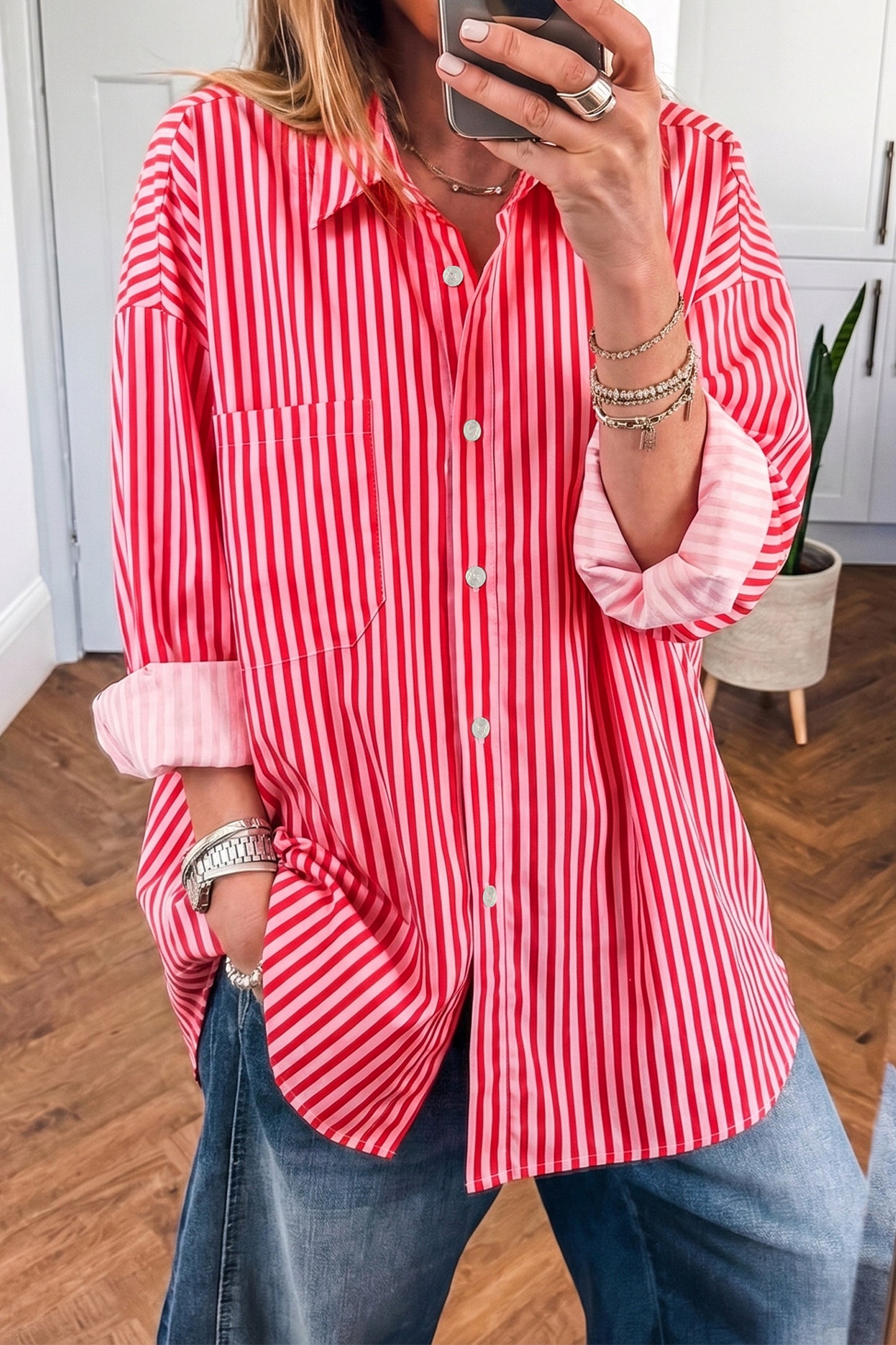 Stripe Button-up Long Sleeve Blouse