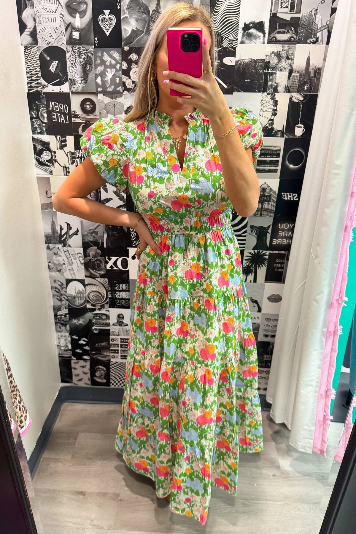 V-neck Puff Sleeve Floral Dress