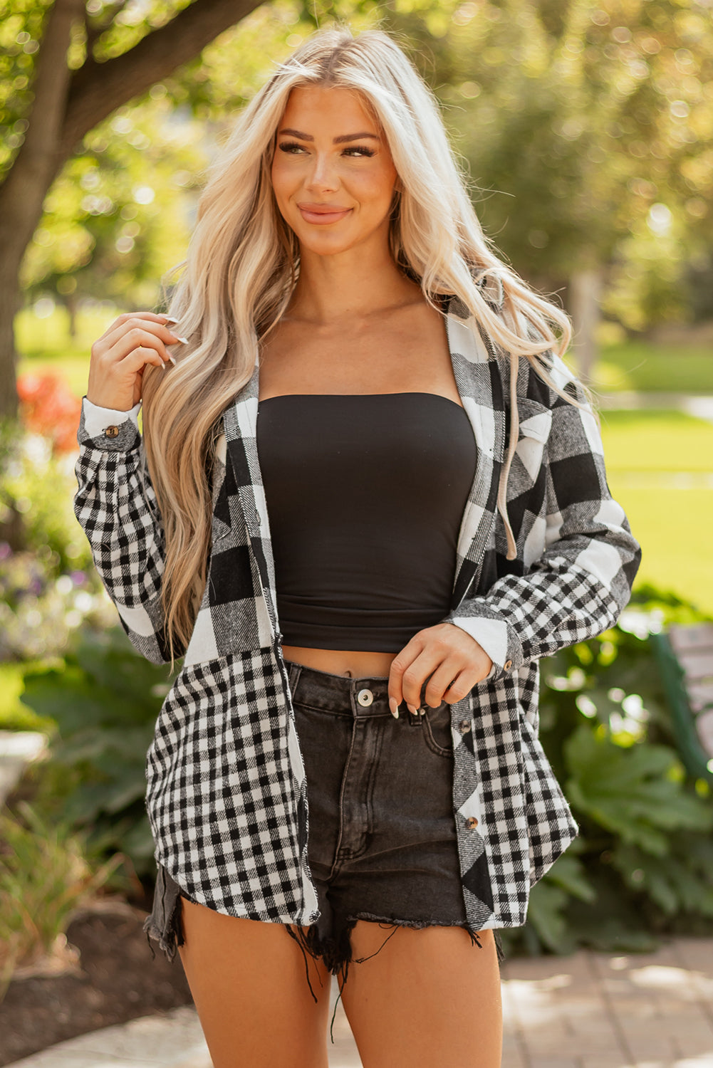 Double Drawstring Hooded Plaid Shackets