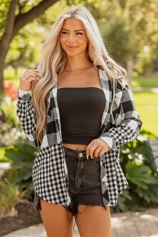 Double Drawstring Hooded Plaid Shackets