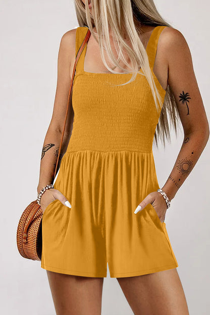 Green Casual Pocketed Smocked Sleeveless Romper