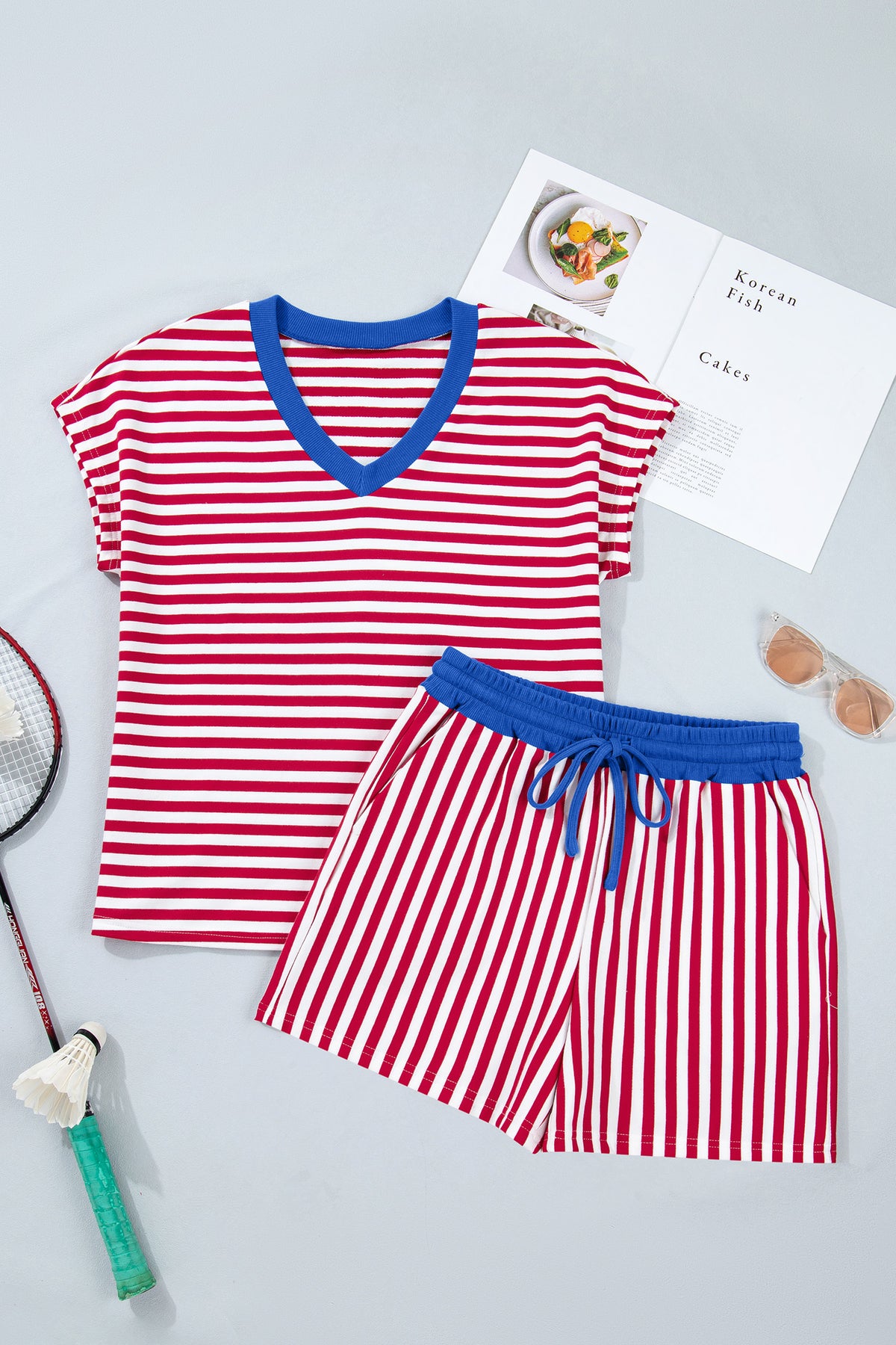 Stripe V-neck Drawstring Short Set
