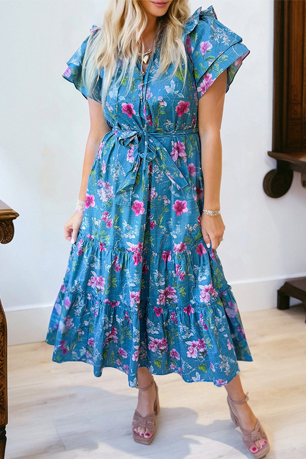 Floral Flutter Sleeve Maxi Dress