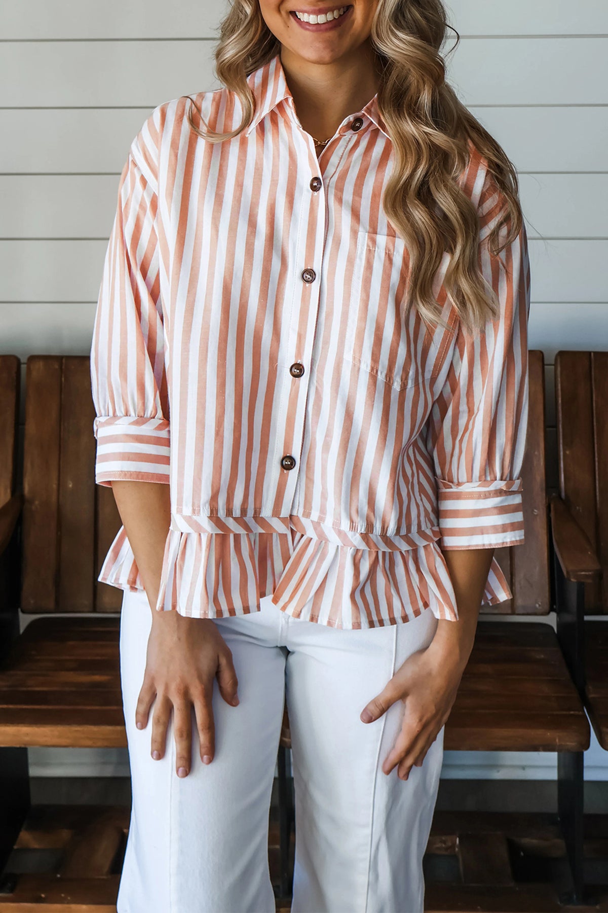 Stripe Collar Ruffle Hem Blouse