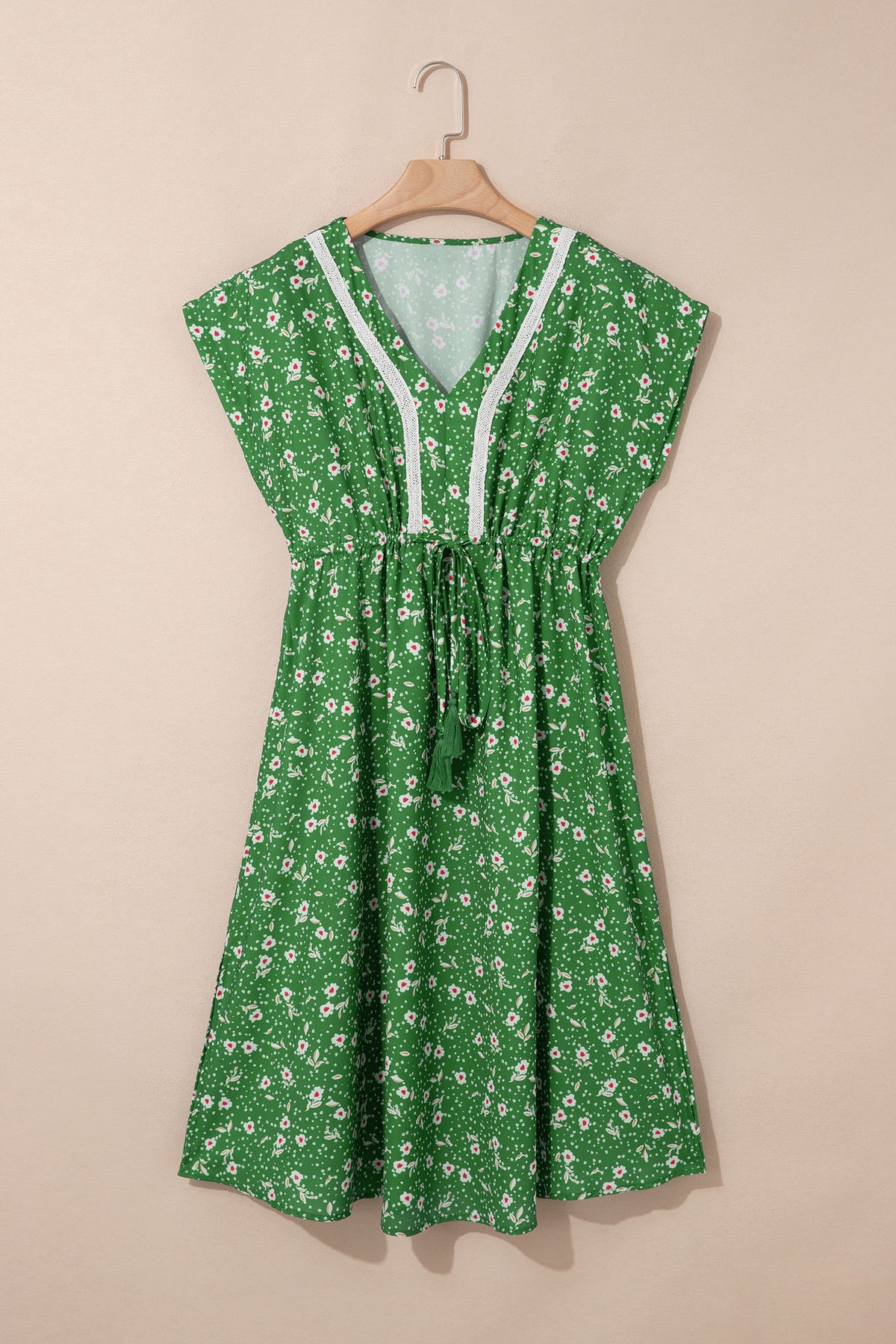 Embroidered V-neck Drawstring Midi Dress