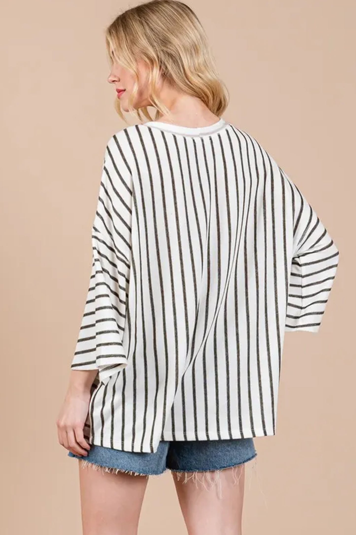 Green Stripe Colorblock 3/4 Sleeve Loose T Shirt