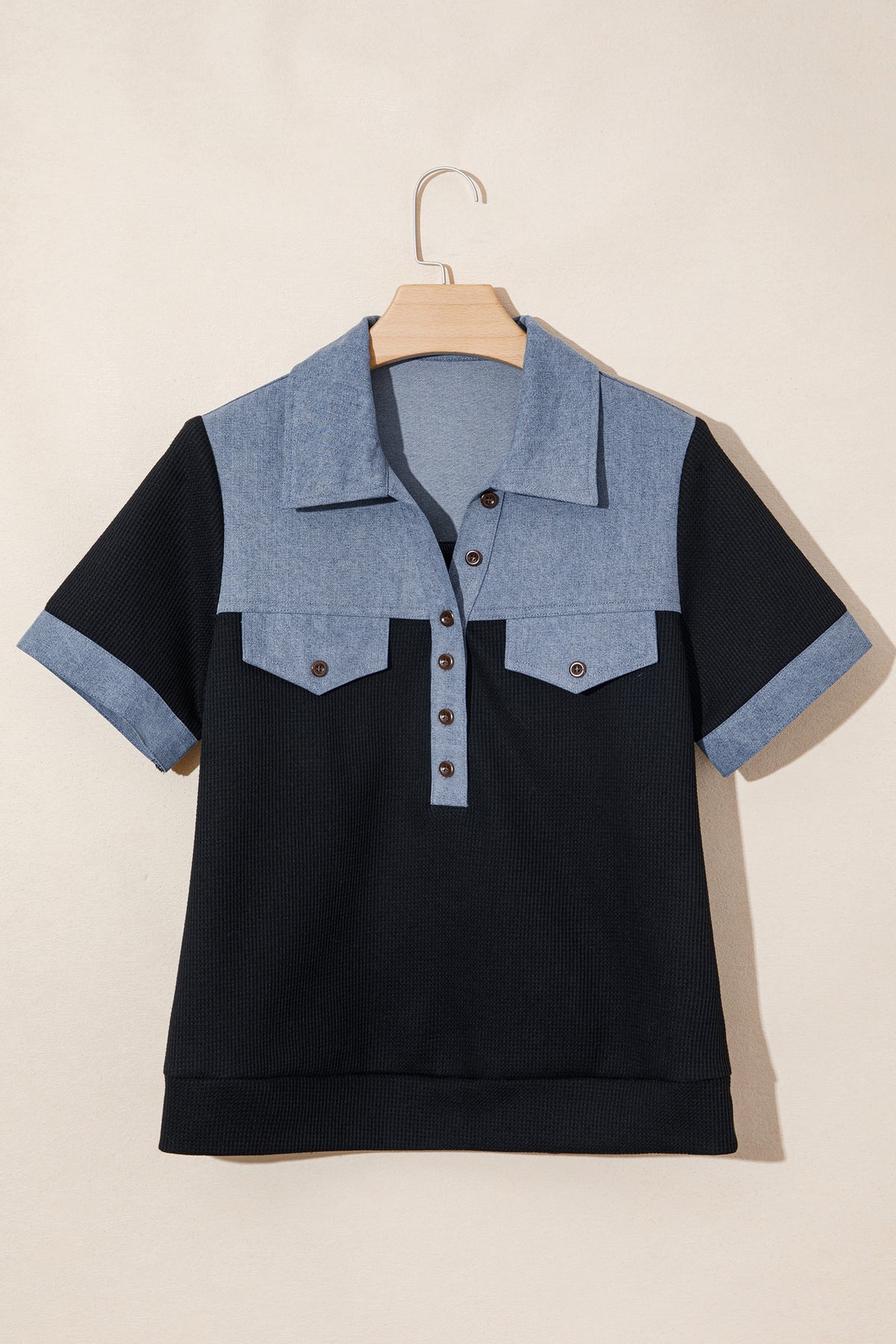 Denim Color Block Button Blouse