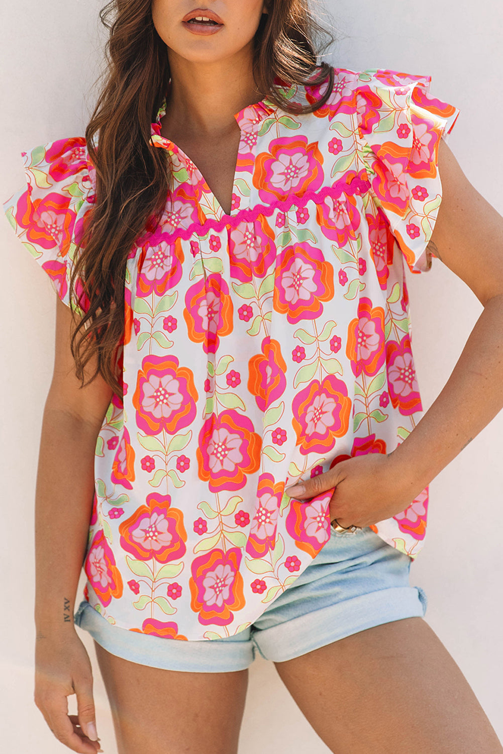 Floral Ruffled Sleeve Ric-rac Blouse