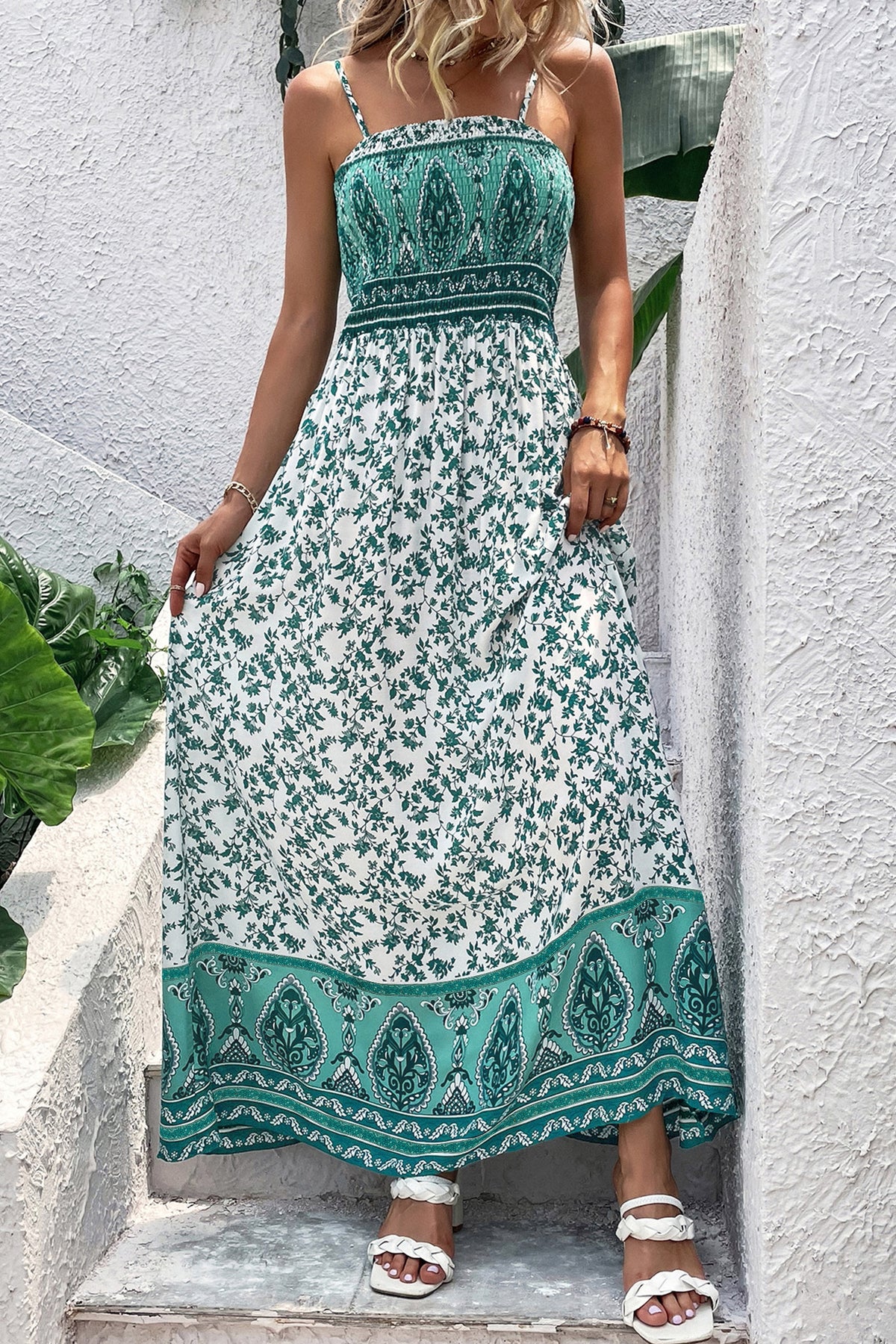 Boho Floral Shirred Maxi Dress