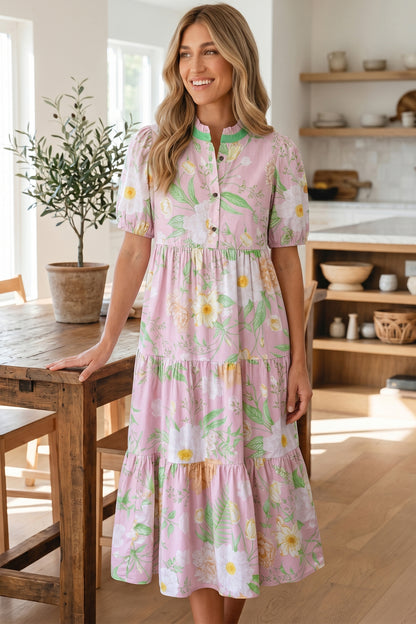 Pink Floral Print Short Puff Sleeve High Waist Tiered Maxi Dress