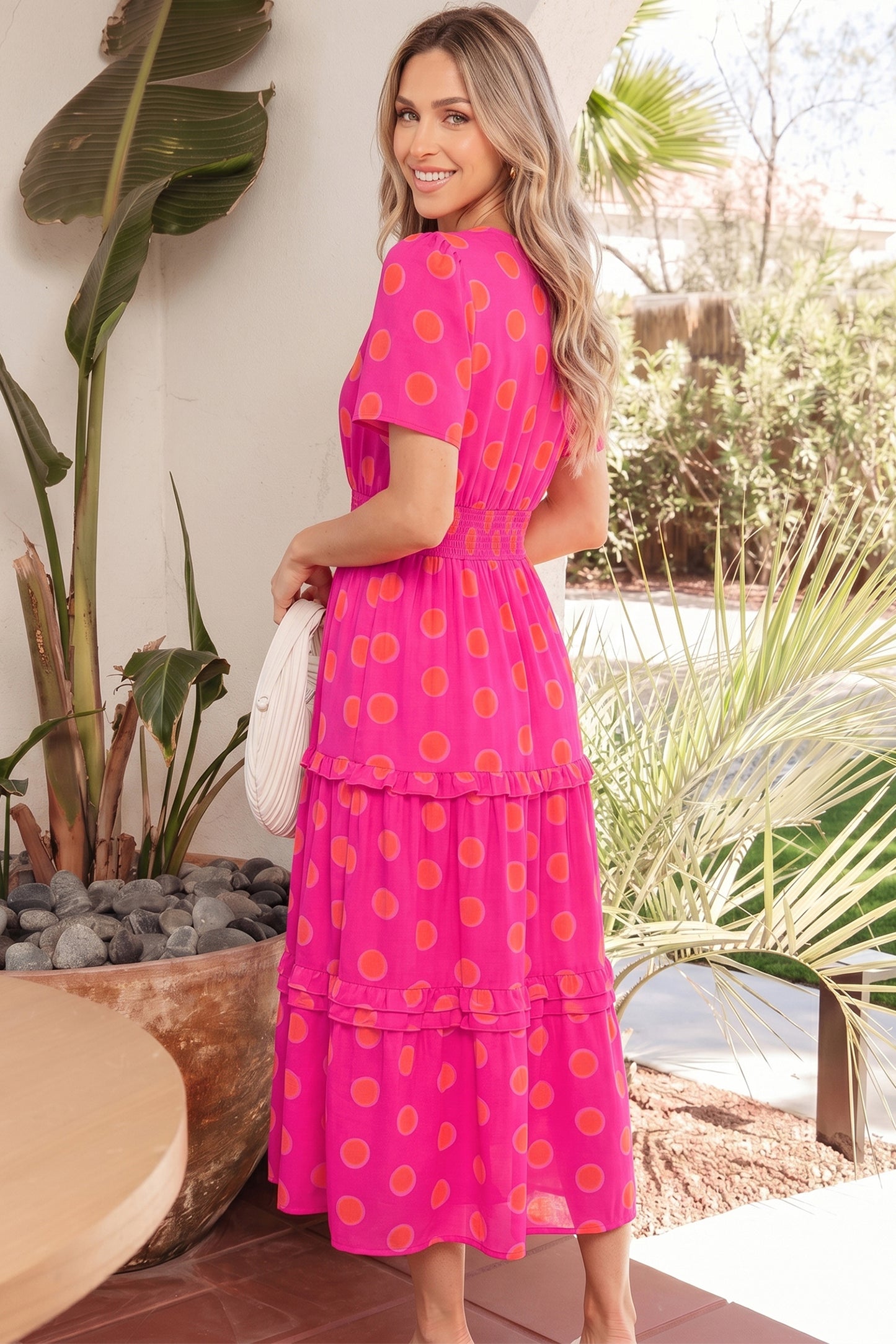 Polka Dot Shirred Midi Dress