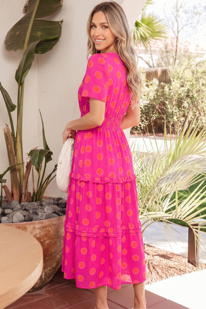 Polka Dot Shirred Midi Dress