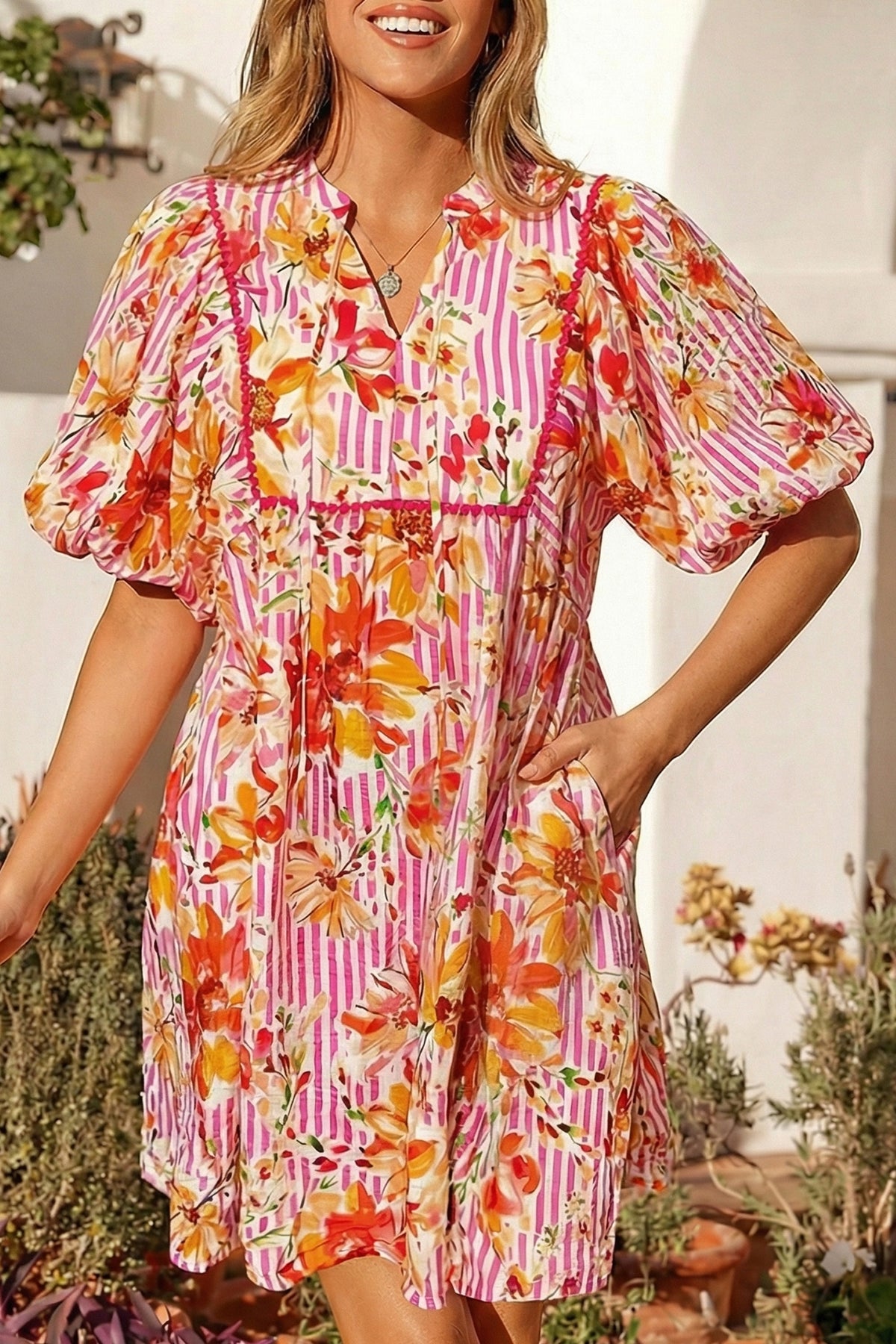 Striped Puff Sleeve Floral Dress