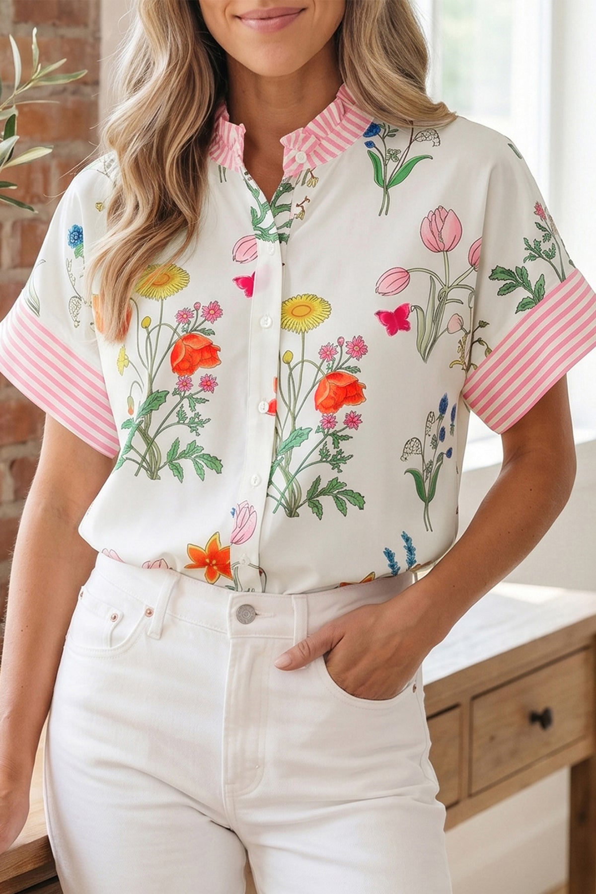 Floral Striped Ruffled Collar Blouse
