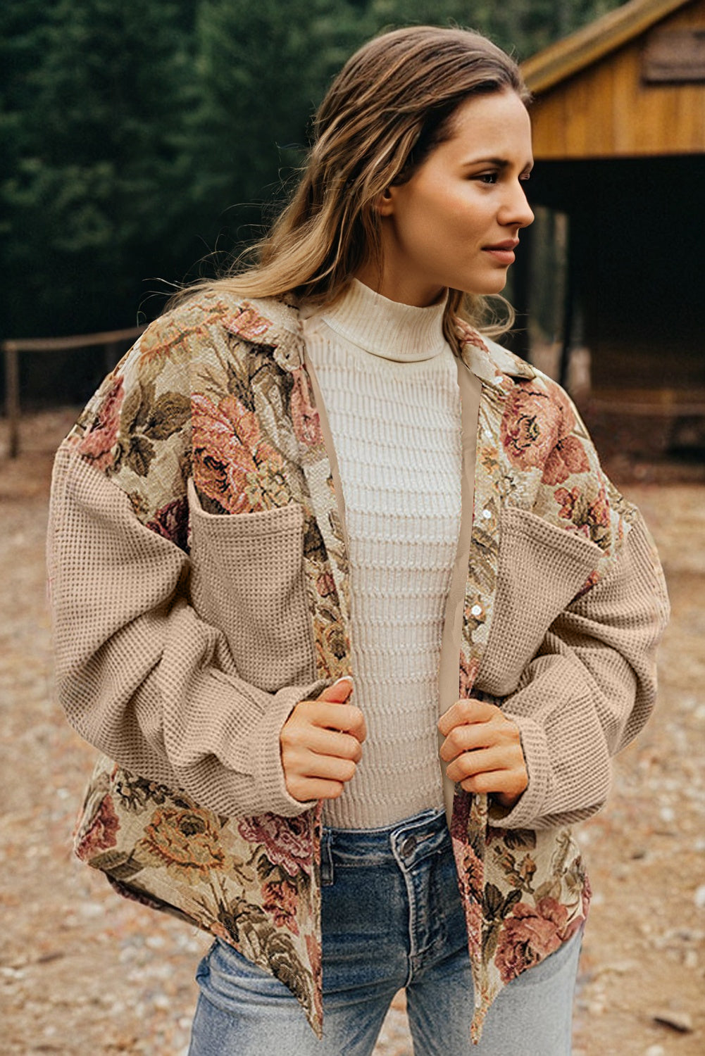 Floral Waffle Knit Buttoned Jackets