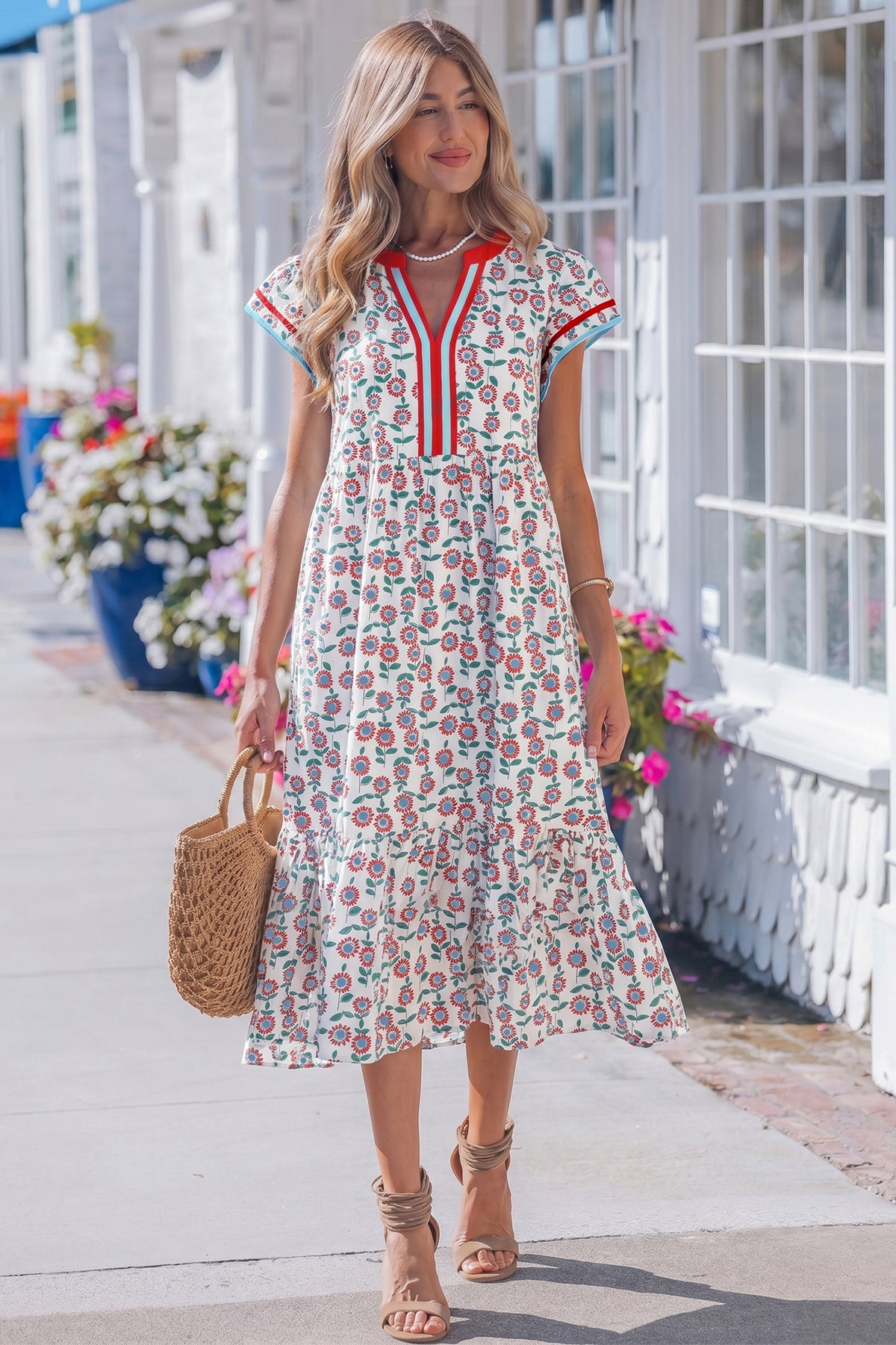 Striped Flutter Sleeve Floral Dress