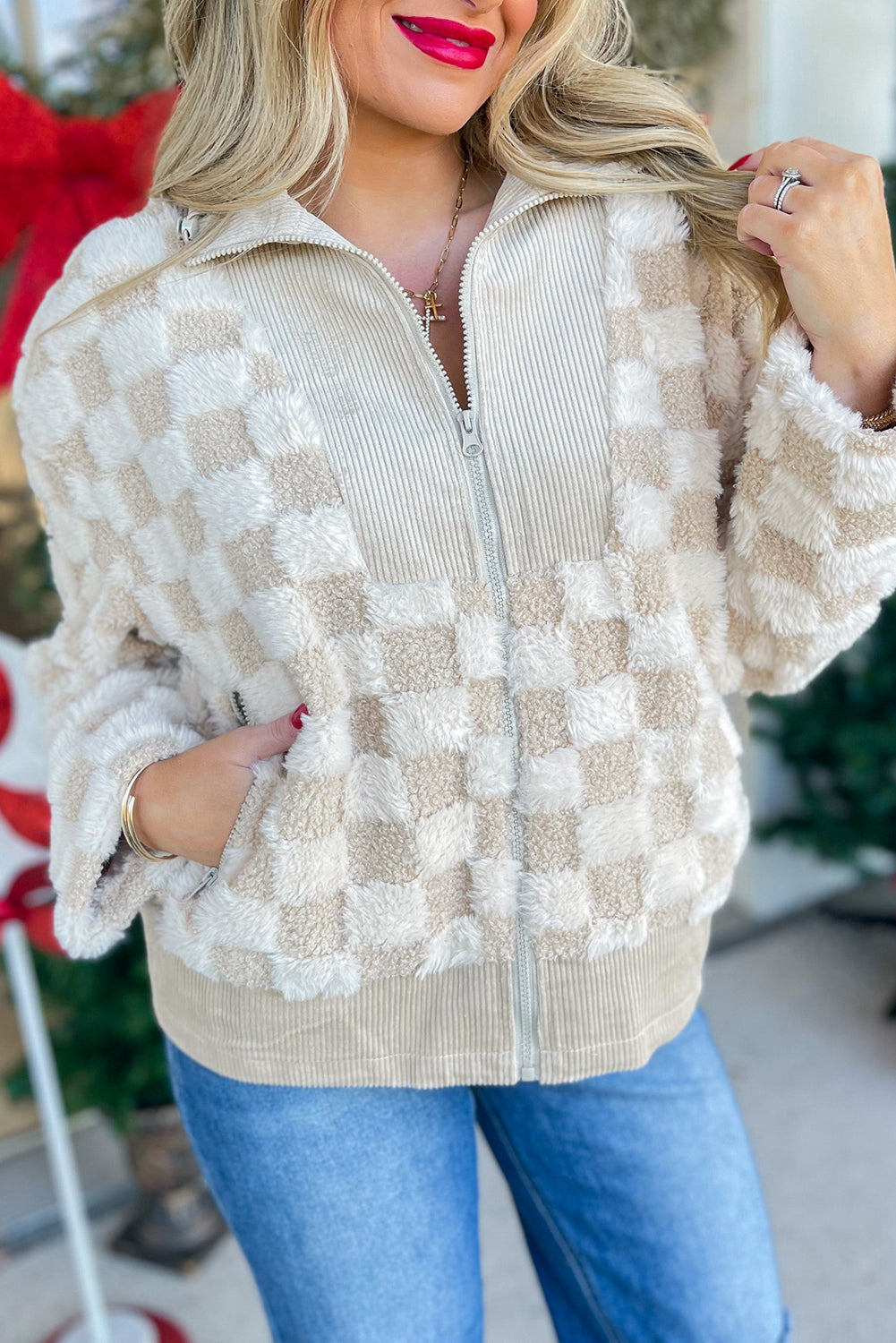 Checker Sherpa Corduroy Zip Jackets