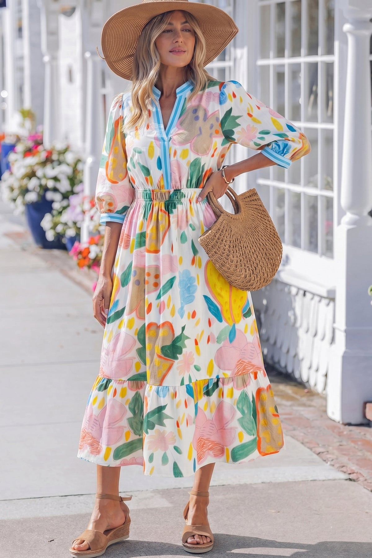 Doodle Striped V-neck Floral Dress