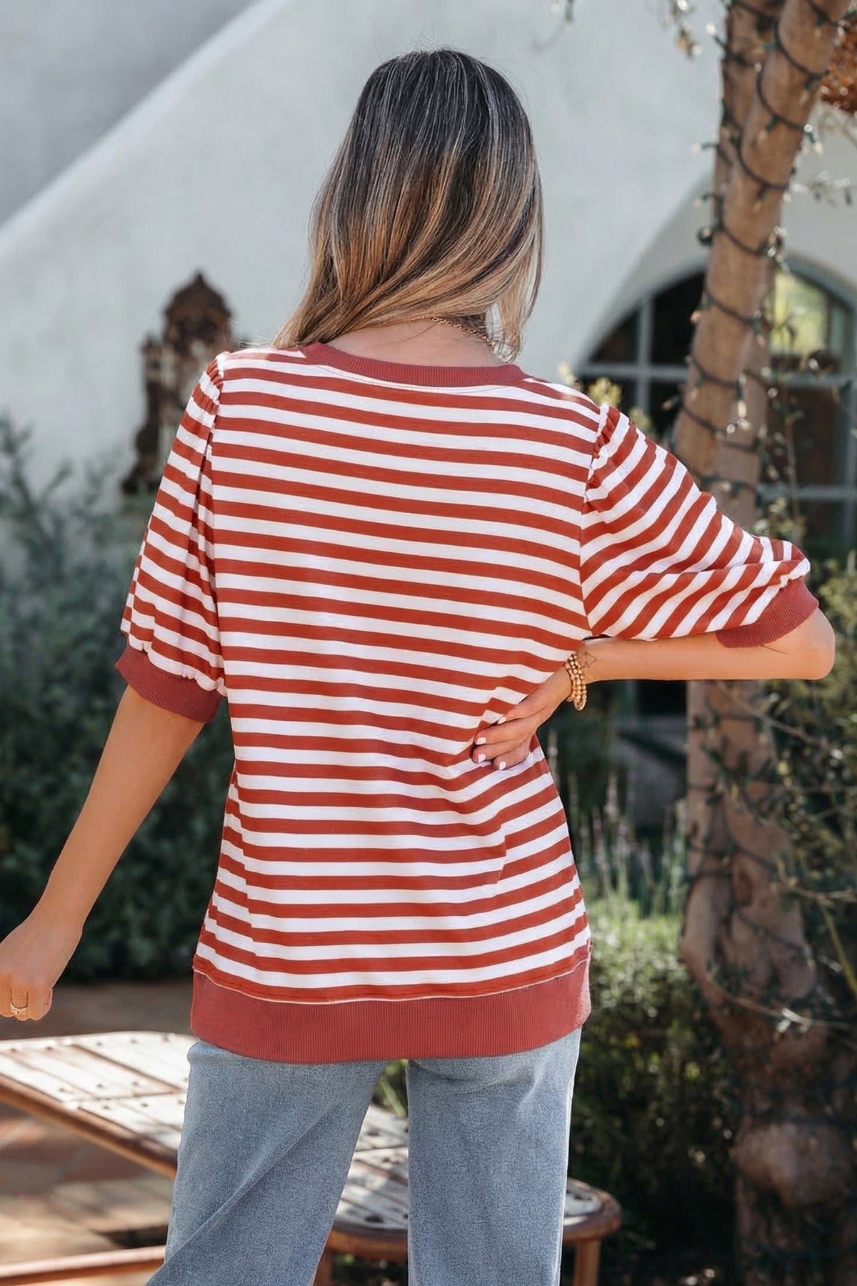 Stripe Short Bubble Sleeve Tee