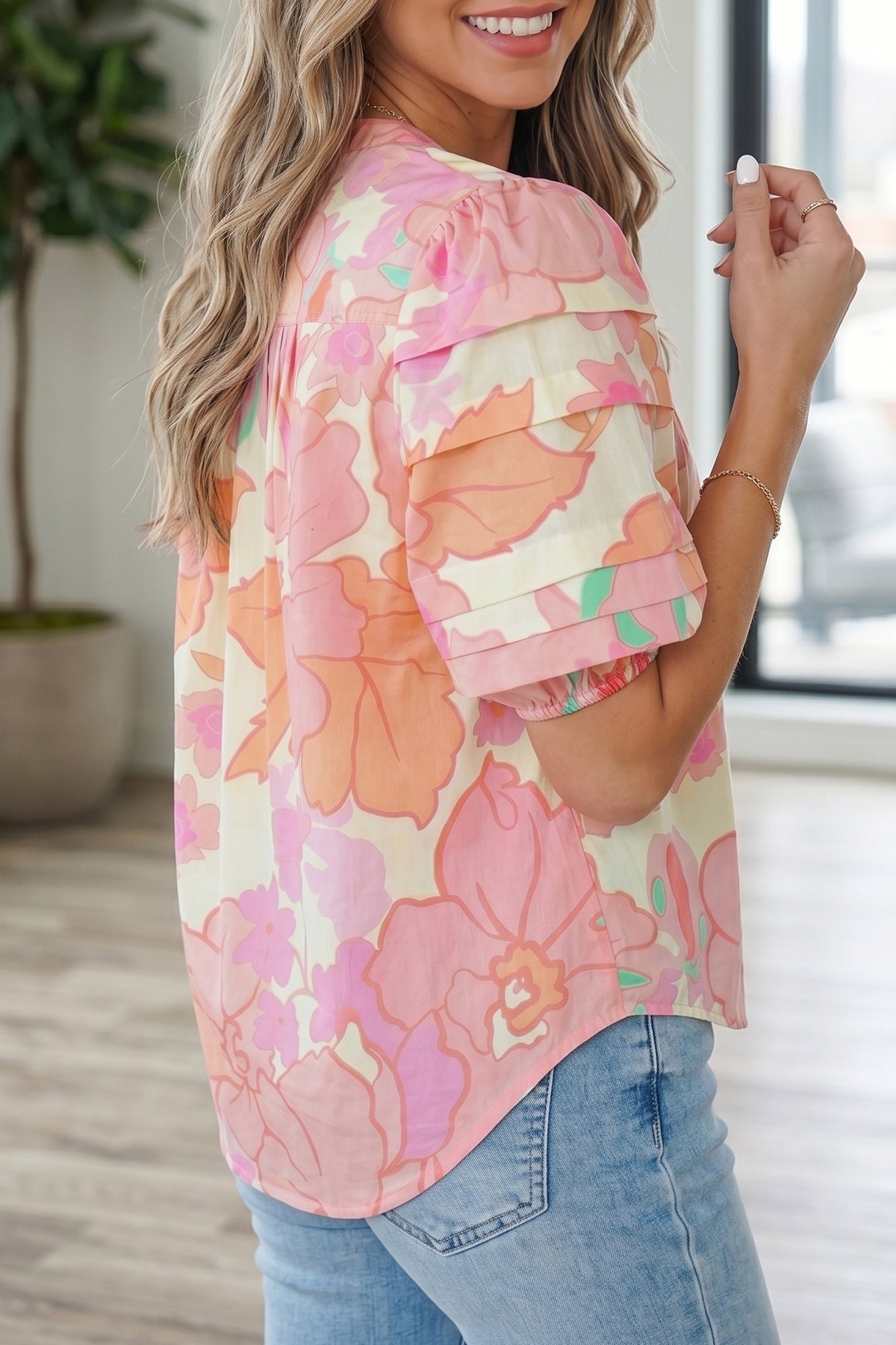 Floral Pintuck Short Sleeve Blouse