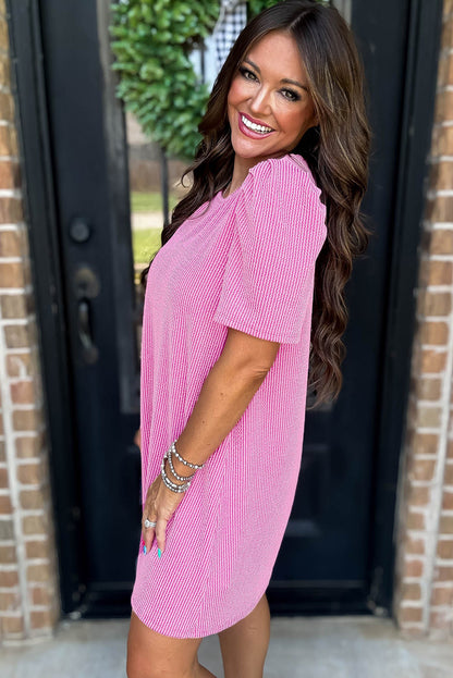 Mint Green Corded Knit Crew Neck Puff Sleeve Shift Mini Dress