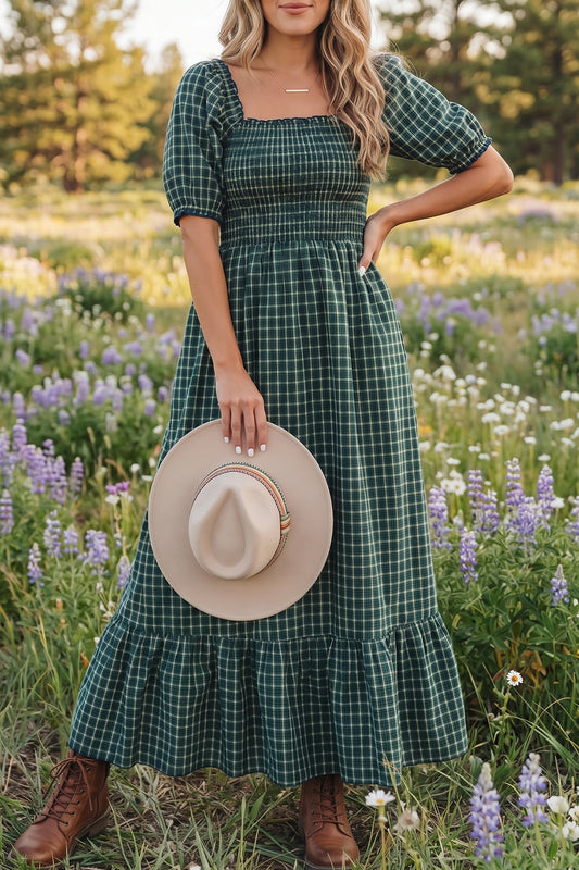 Shirred Ruffle Hem Maxi Dress