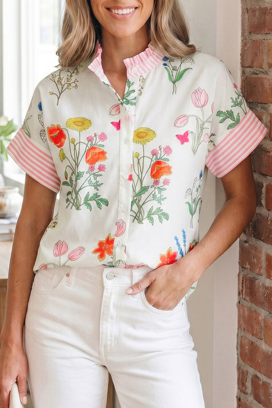 Floral Striped Ruffled Collar Blouse