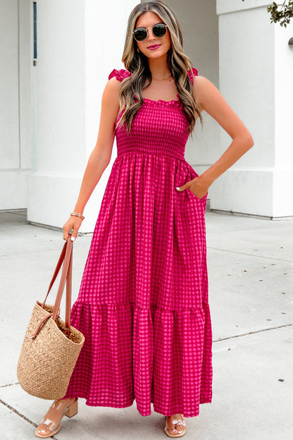 Plaid Square Neck Maxi Dress