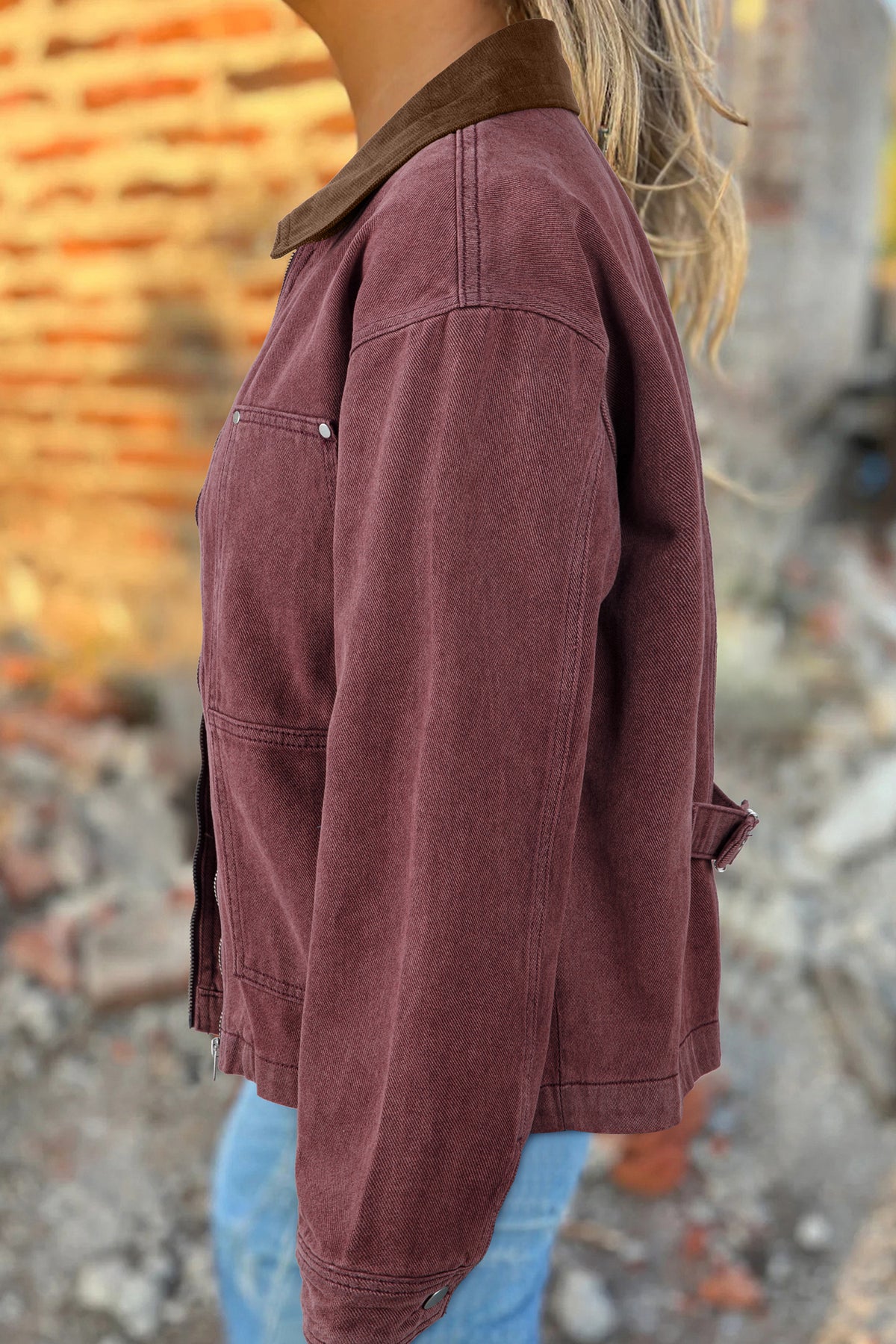 Corduroy Collar Zipped Denim Jackets
