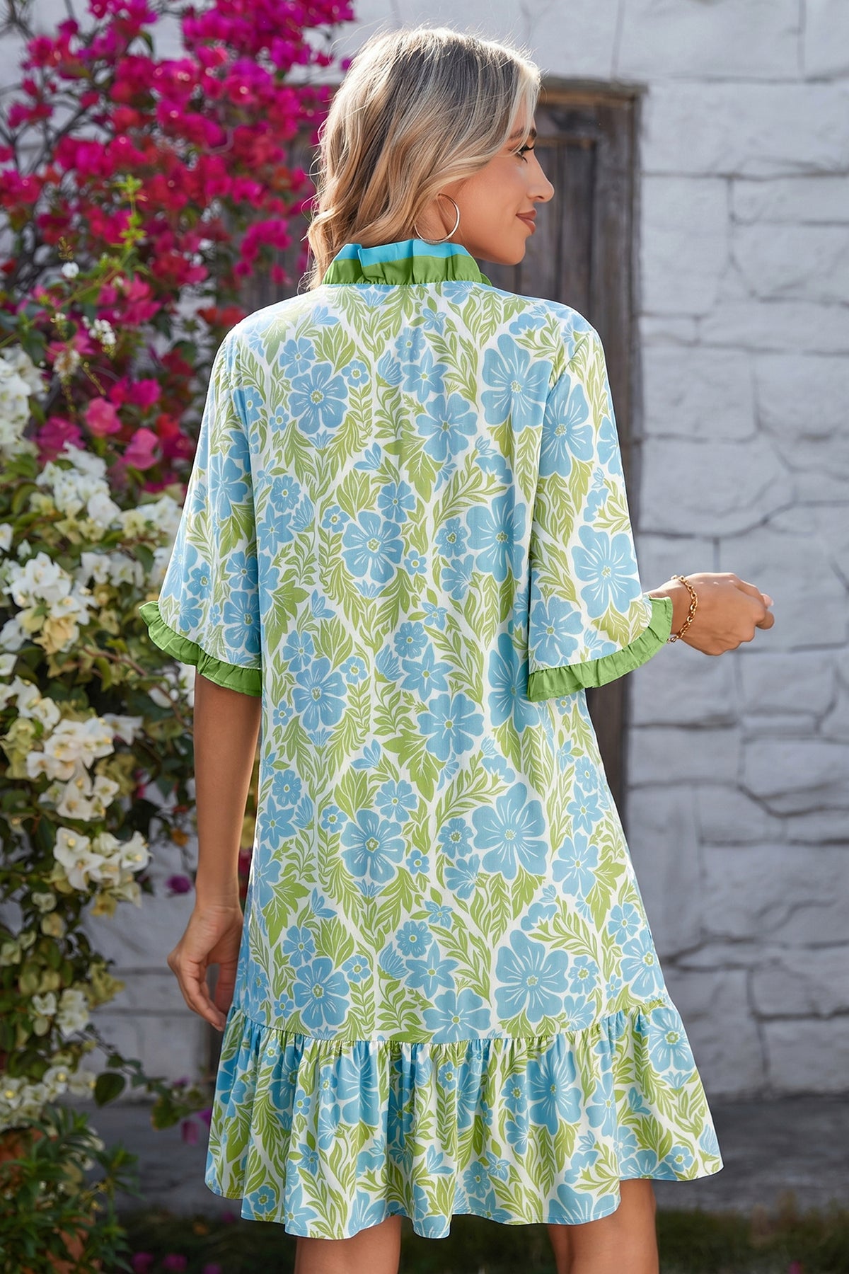 V-neck Button Front Floral Dress