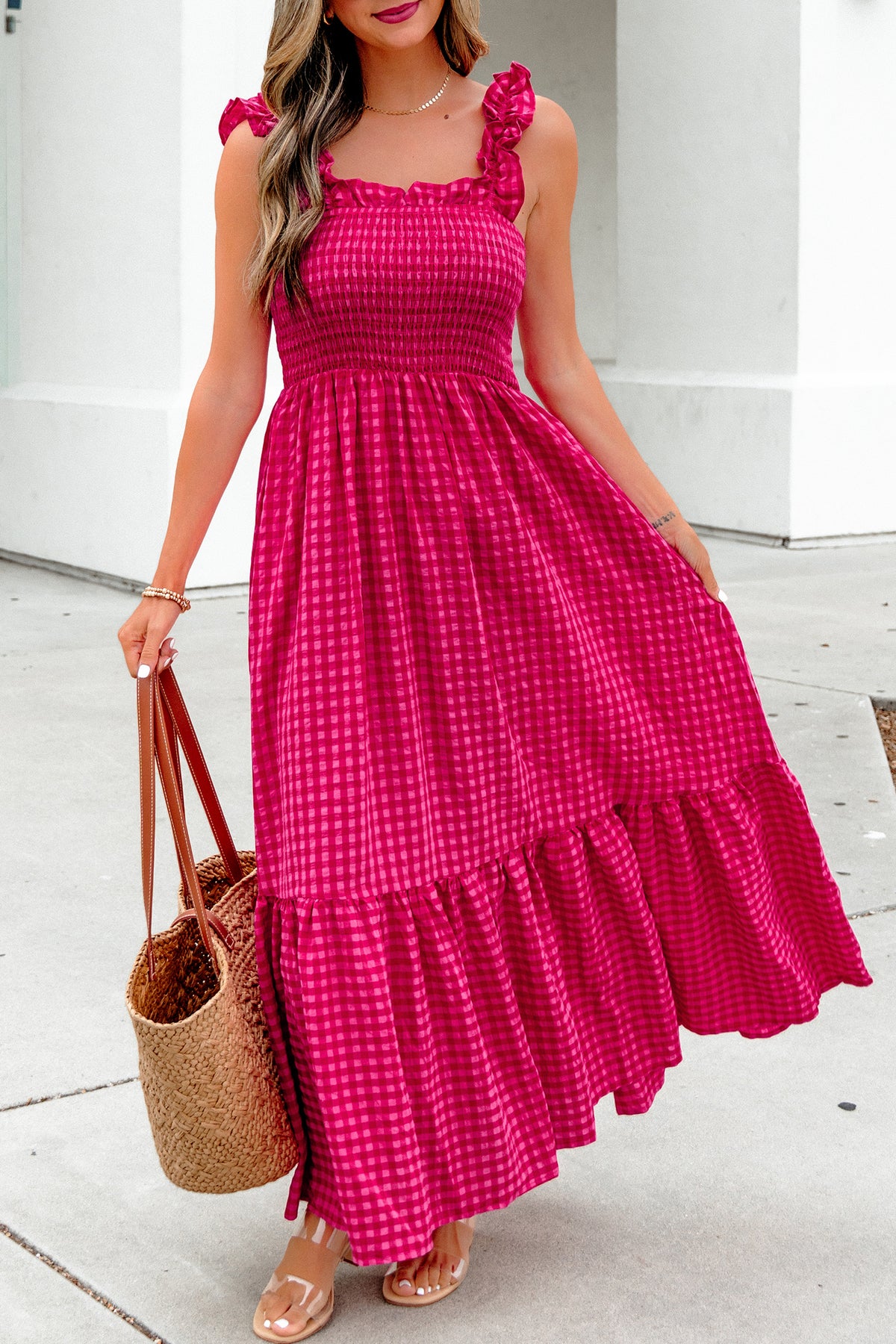 Plaid Square Neck Maxi Dress