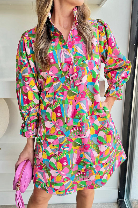 Abstract Printed Buttoned Mini Dress