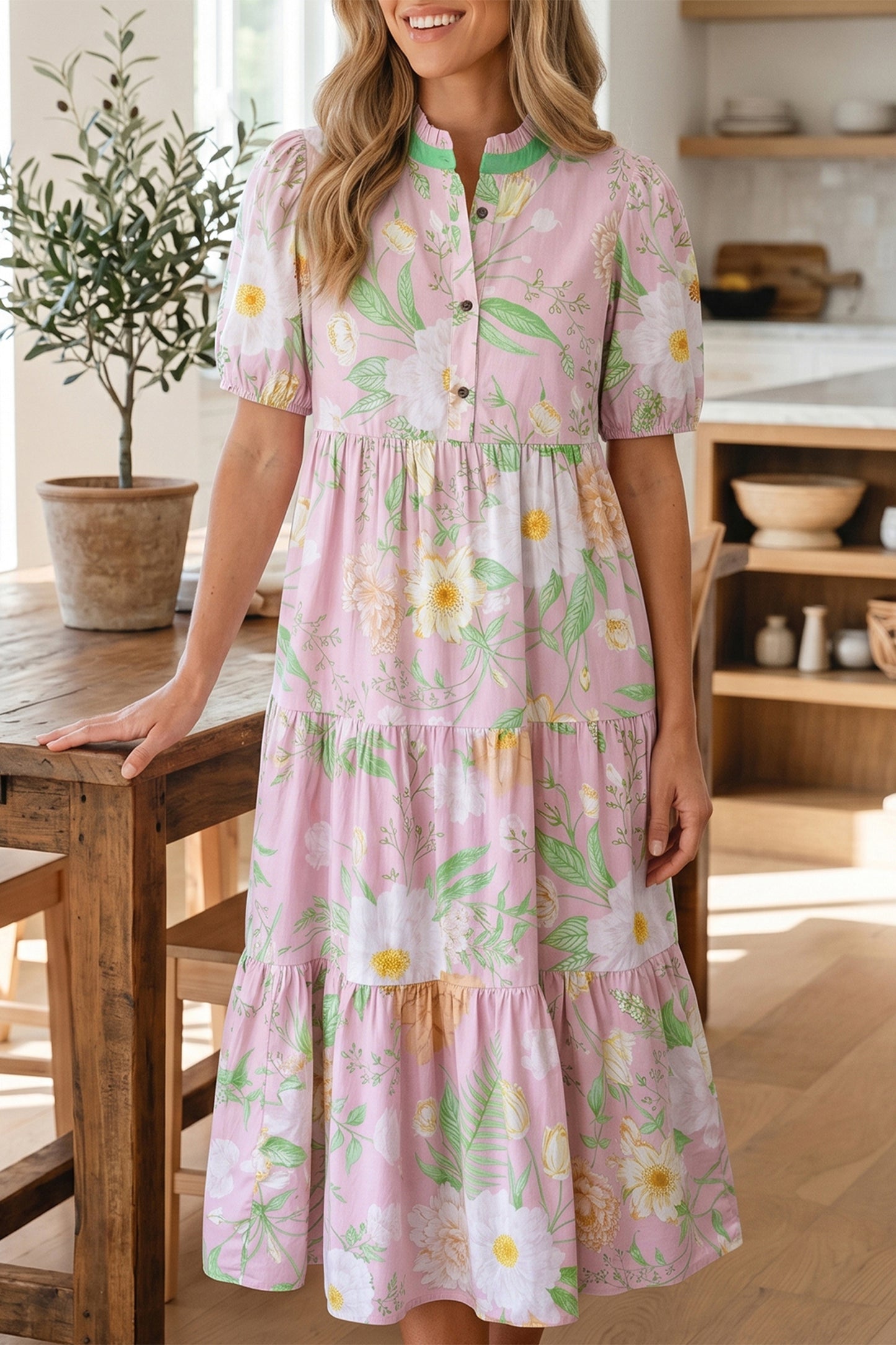 Puff Sleeve Tiered Floral Dress