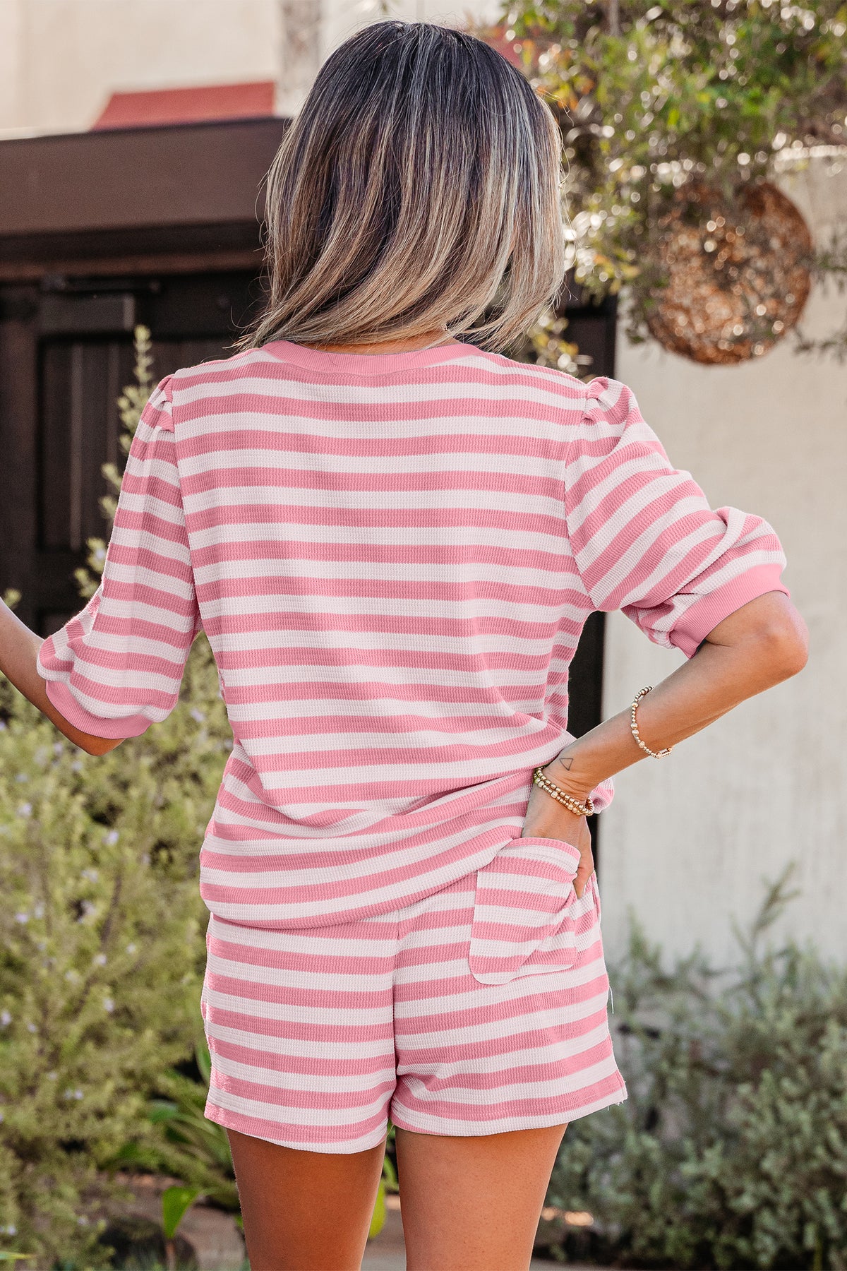 Stripe Puff Shirt Short Set