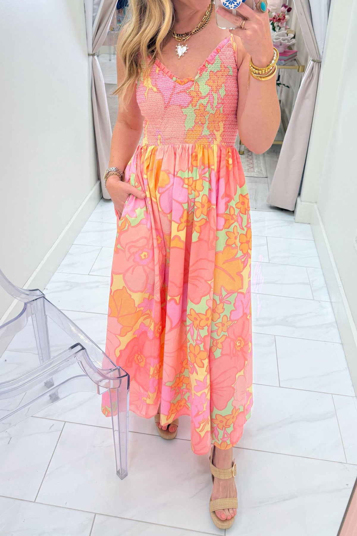 Spaghetti Strap Shirred Floral Dress