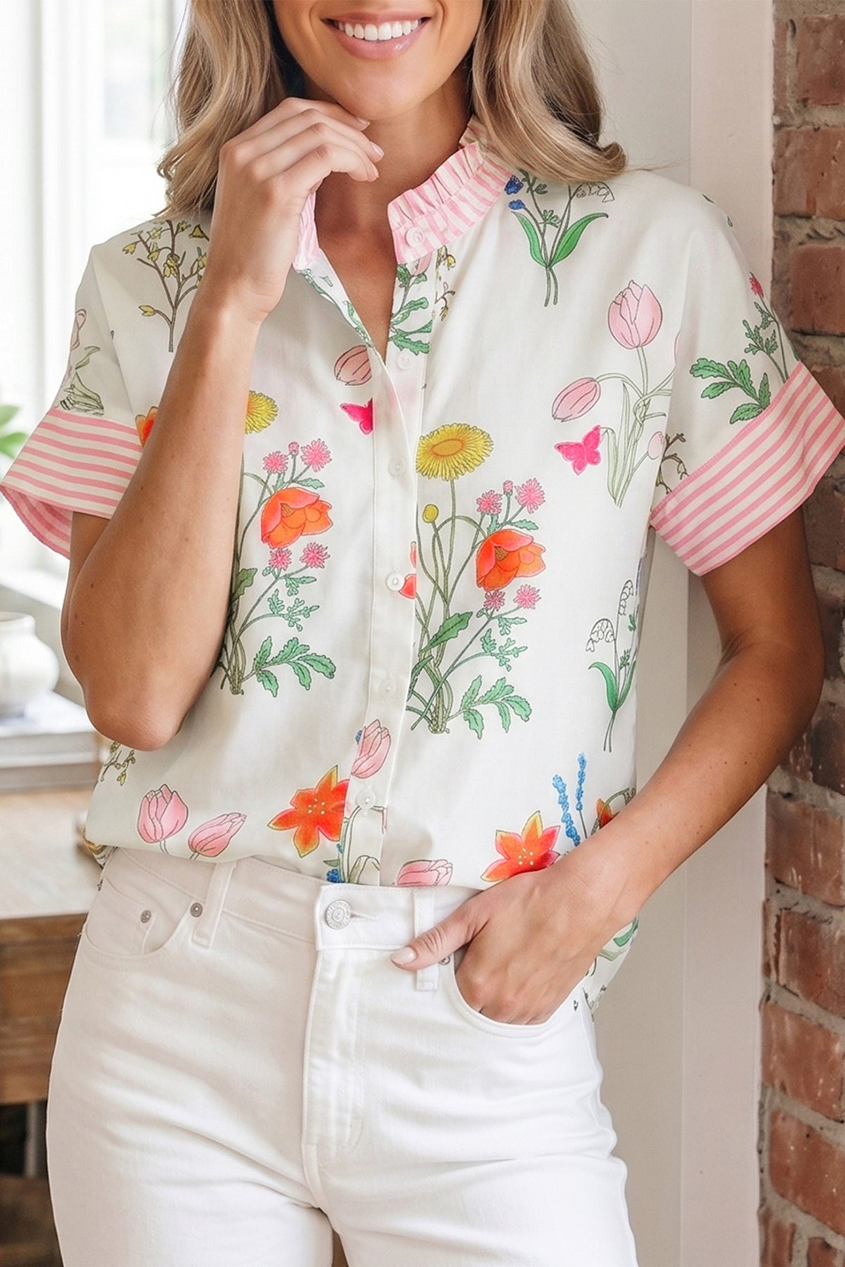 Floral Striped Ruffled Collar Blouse
