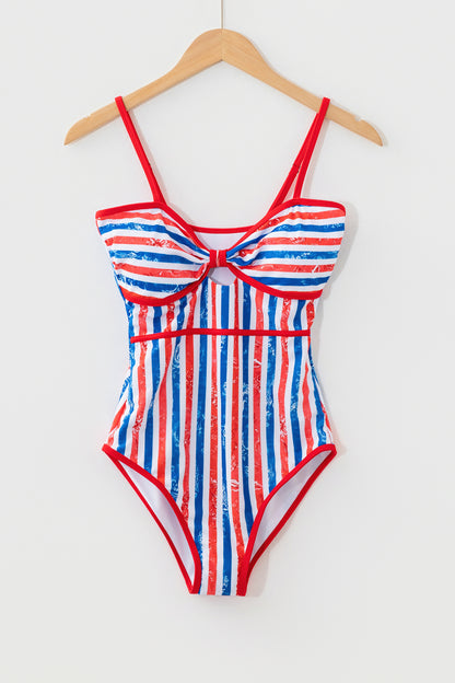 Red July 4th Stripes Impression Cutout Spaghetti Straps One Piece Swimsuit