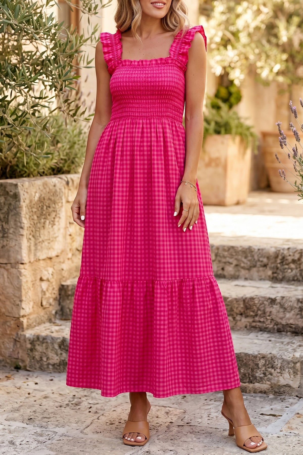 Plaid Square Neck Maxi Dress