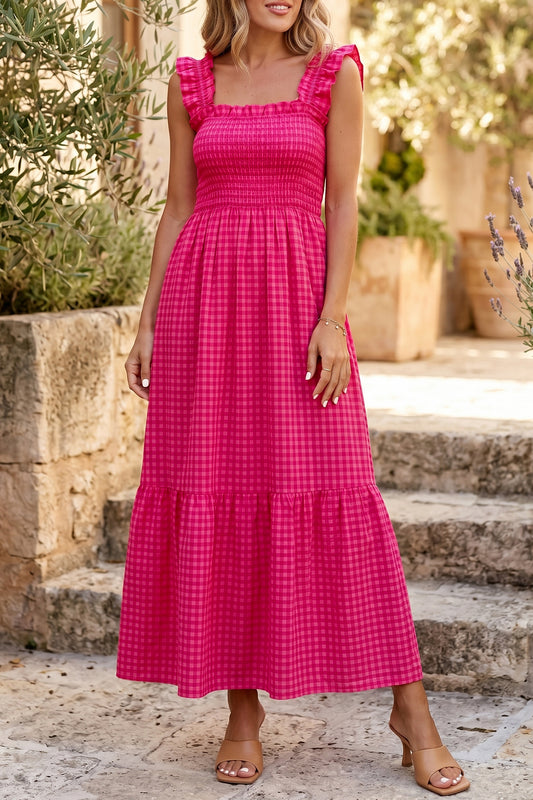 Plaid Square Neck Maxi Dress