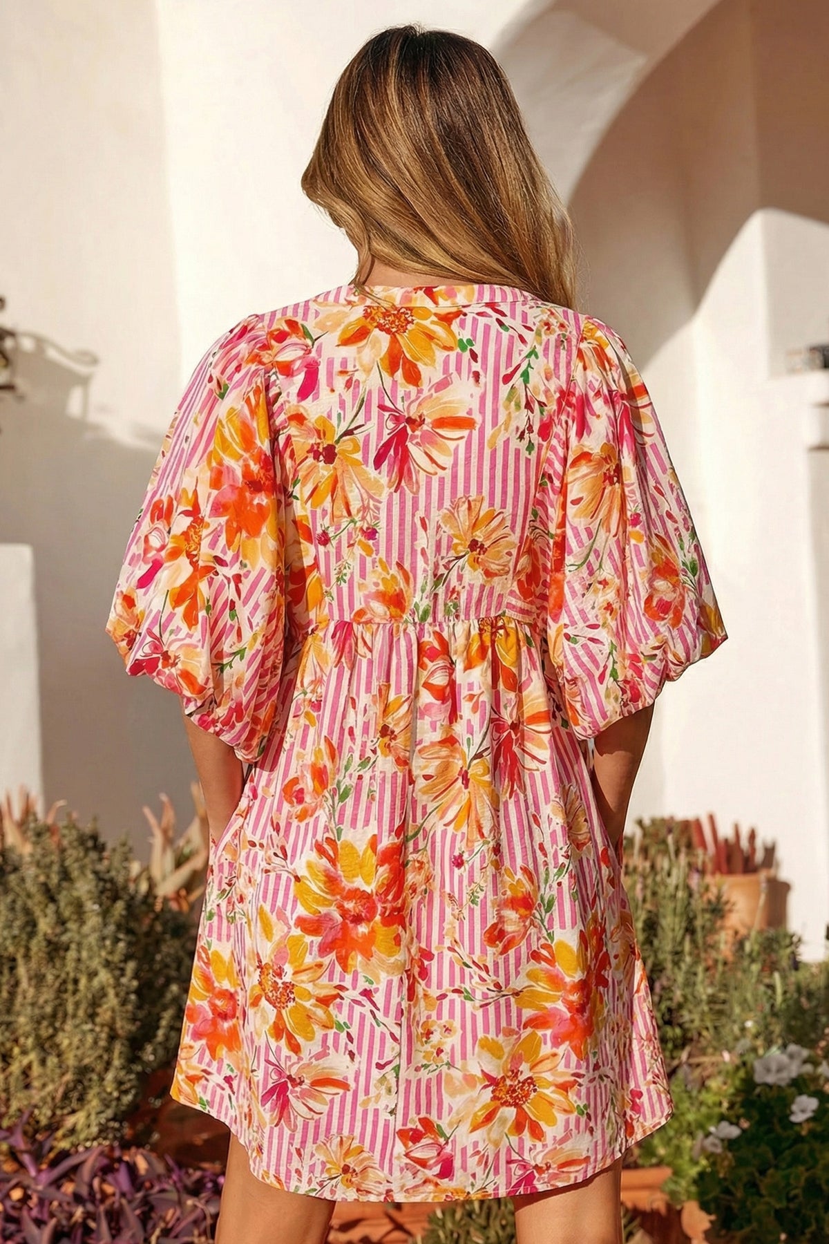 Striped Puff Sleeve Floral Dress