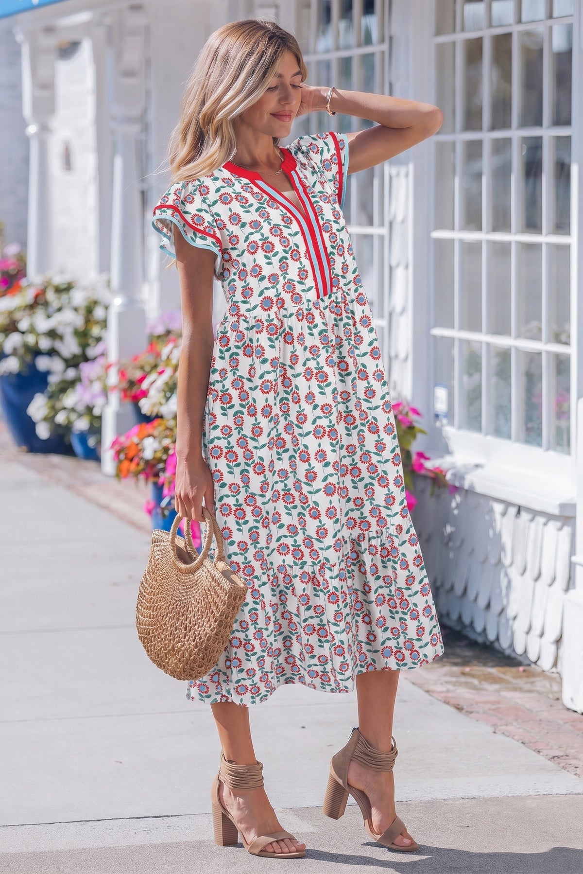 Striped Flutter Sleeve Floral Dress