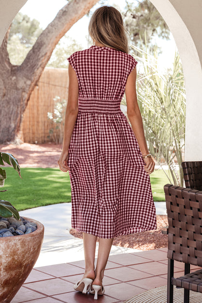 Coffee Plaid Print Full Zipper Cinched Waist Fit Flare Sleeveless Maxi Dress