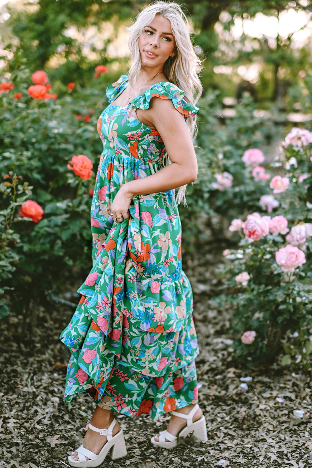 Sleeveless Ruffle Tiered Floral Dress