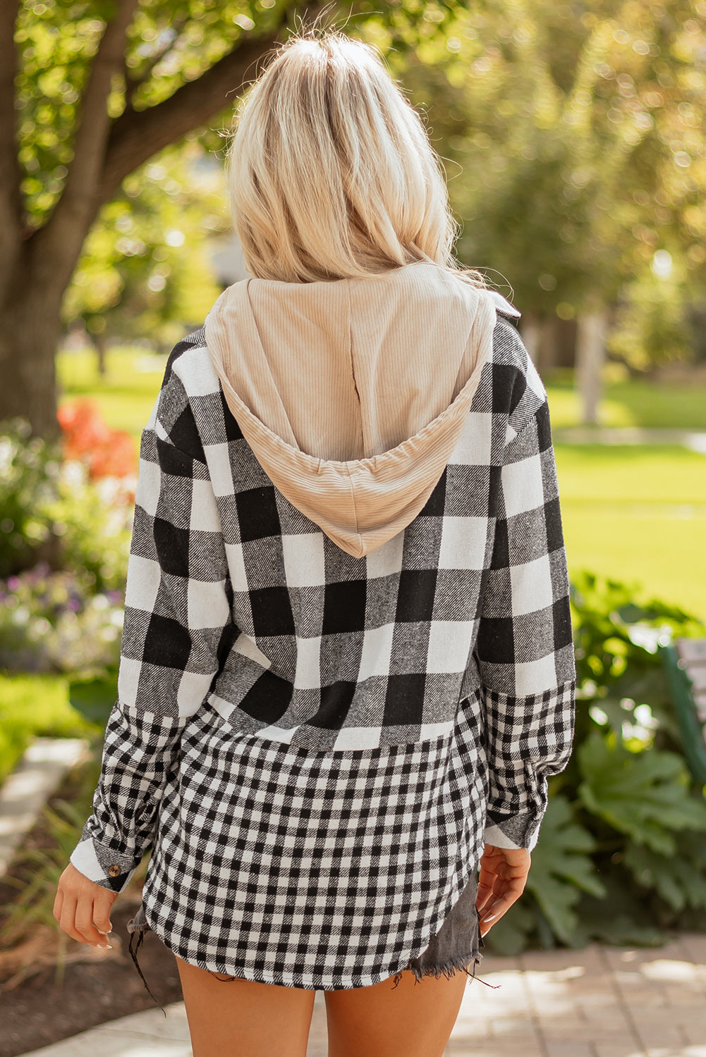 Double Drawstring Hooded Plaid Shackets