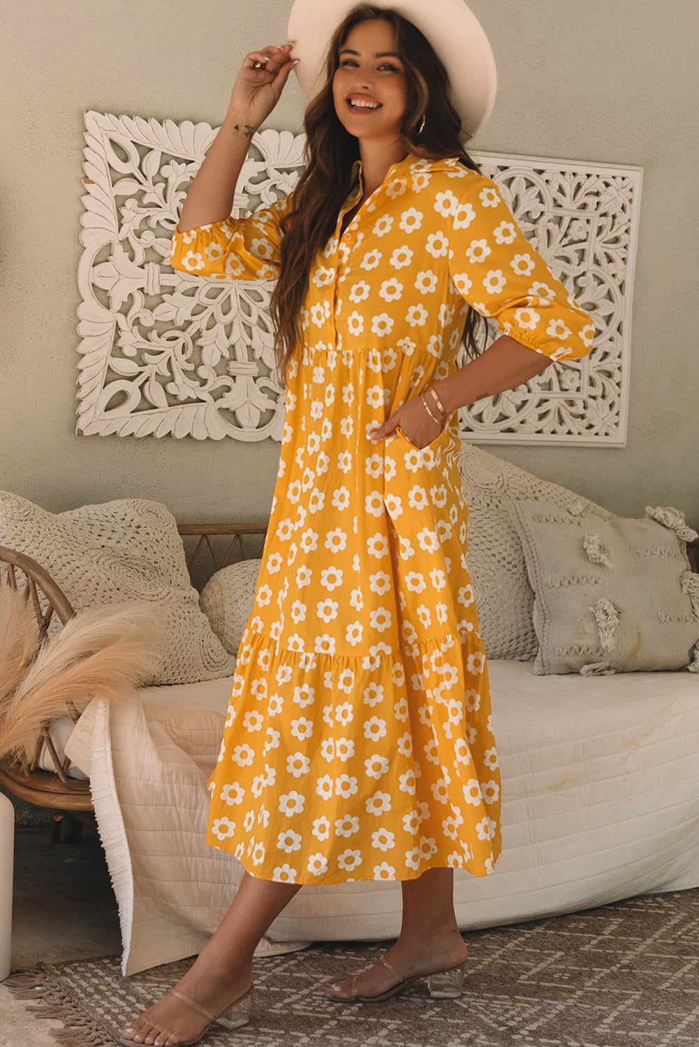 Flower Buttons Collared Maxi Dress