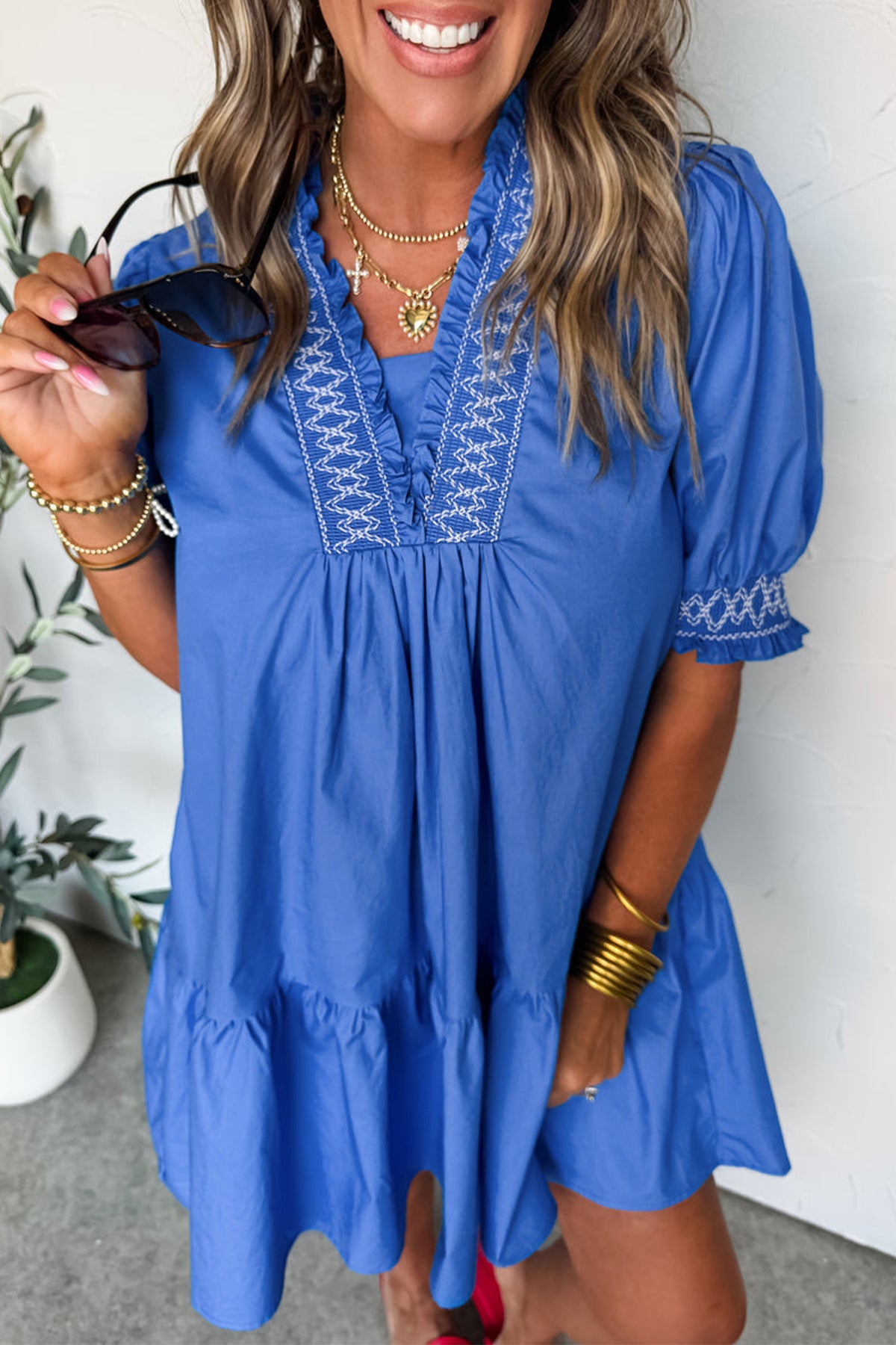 Smocked Detail V-neck Mini Dress