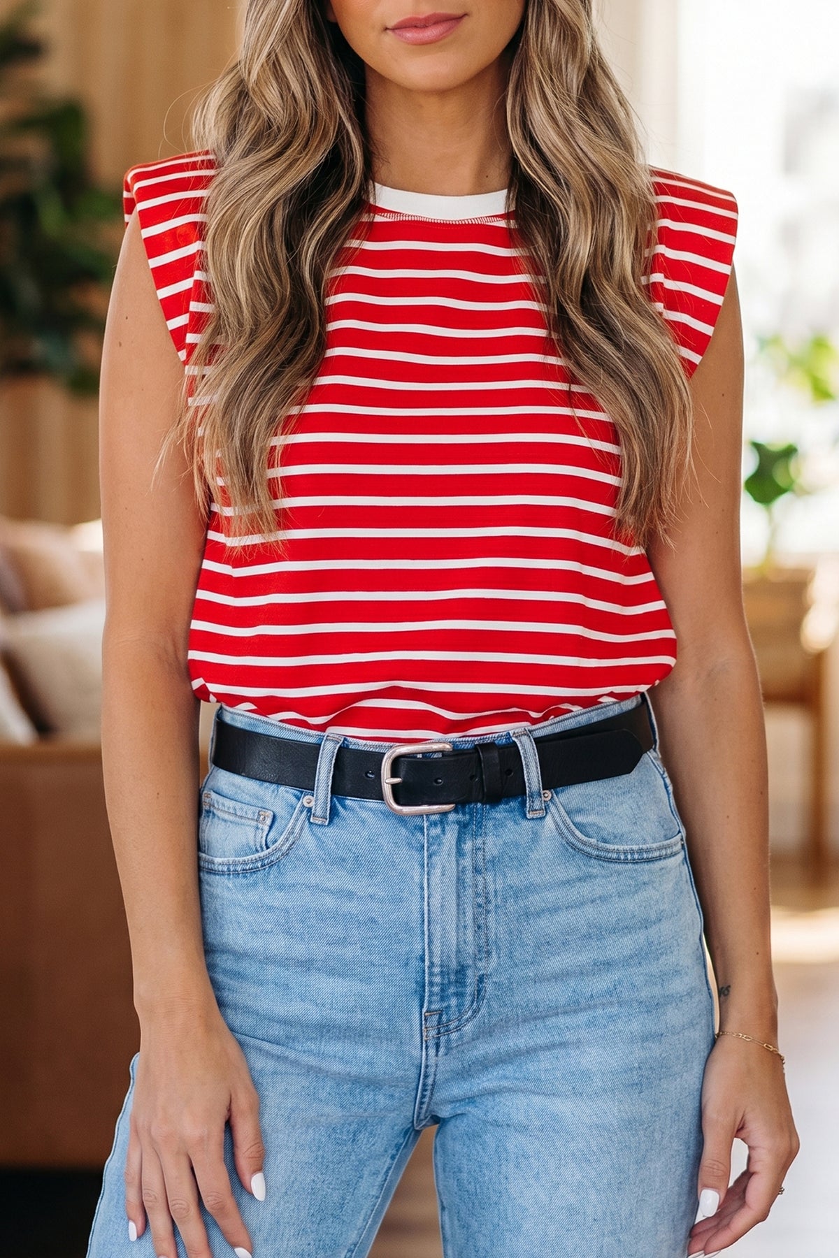 Stripe Ribbed Round Tank Top