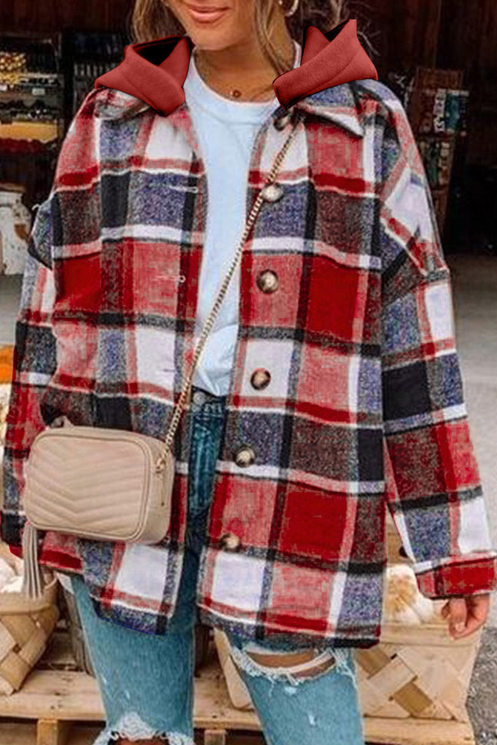 Fiery Button Front Plaid Shackets