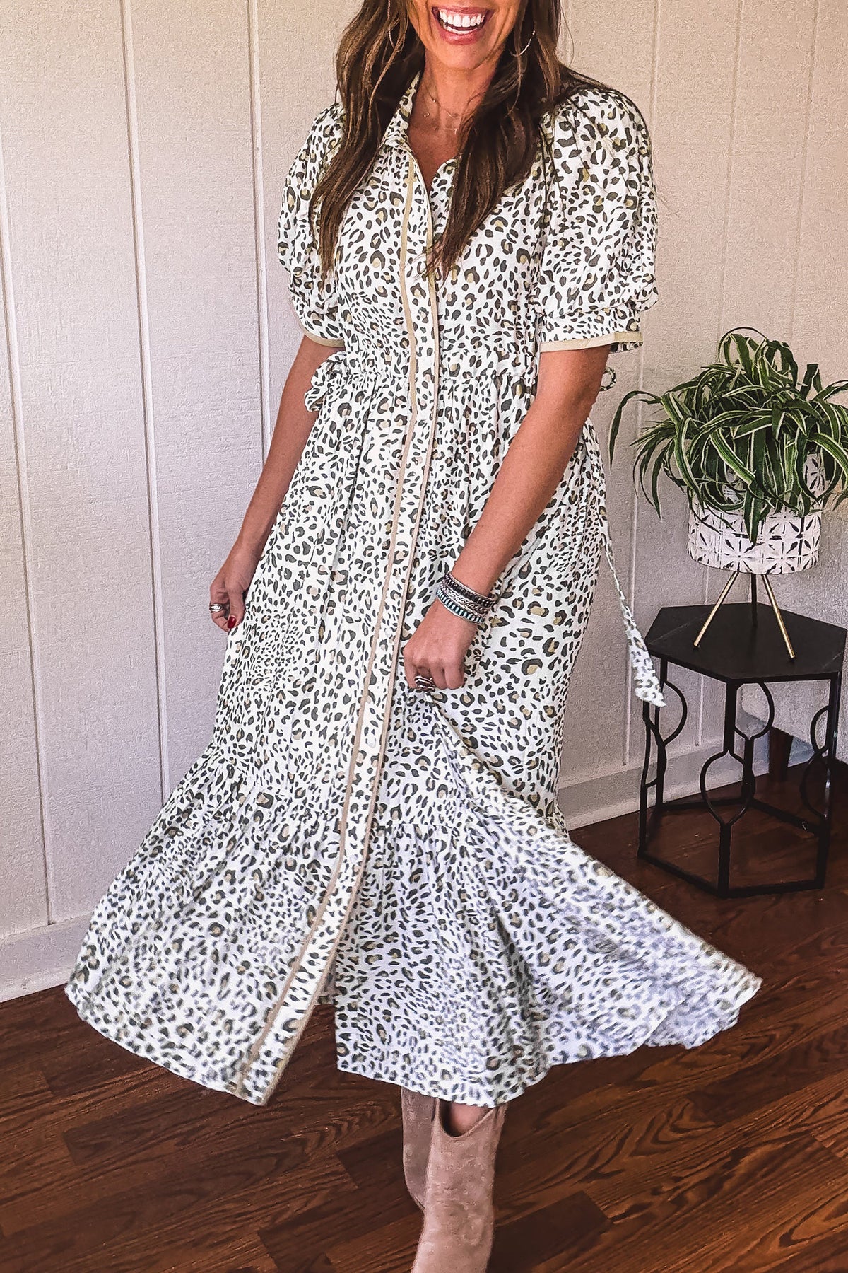 Leopard Puff Sleeve Midi Dress