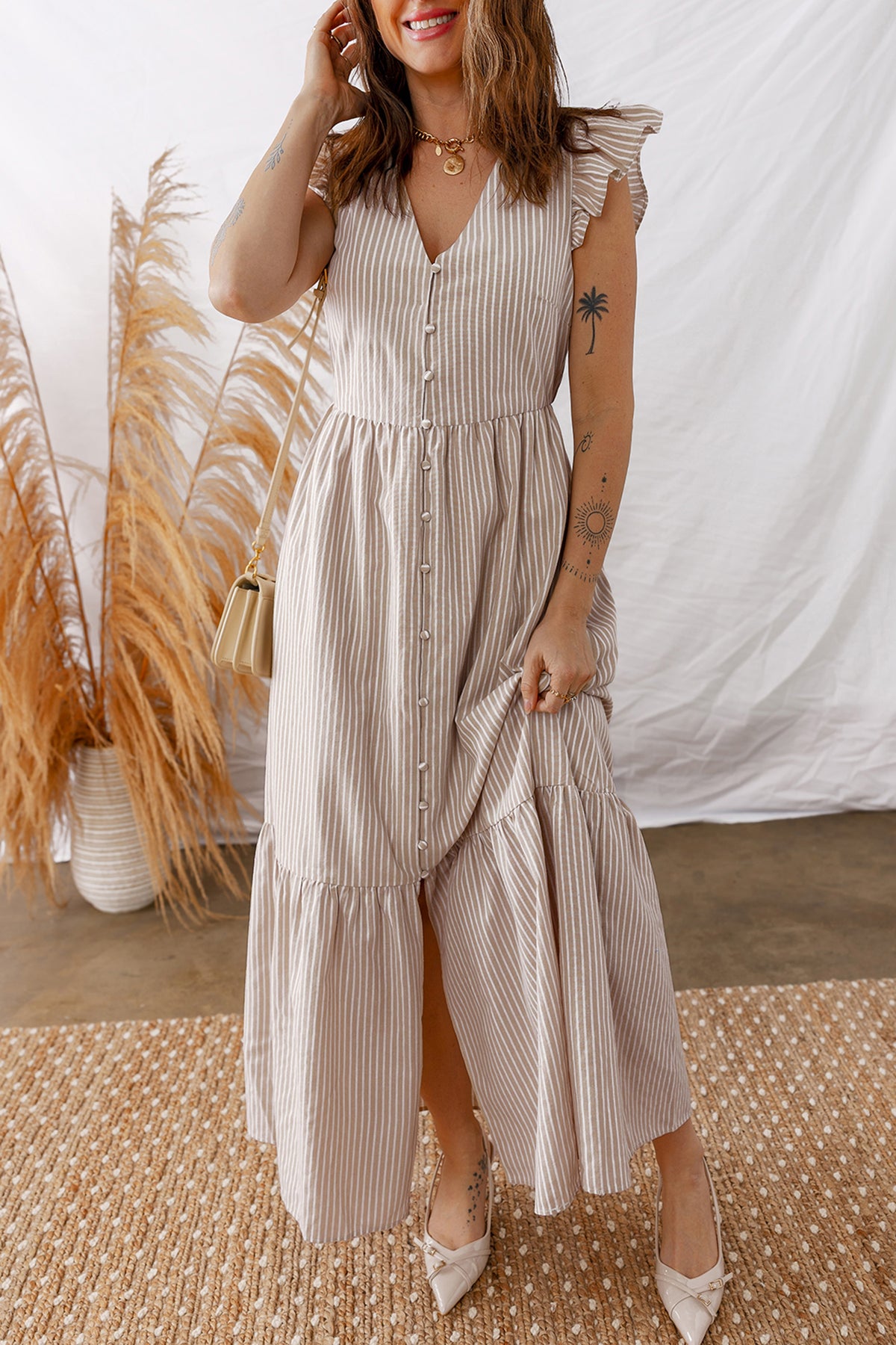 Stripe Flutter Sleeve Maxi Dress